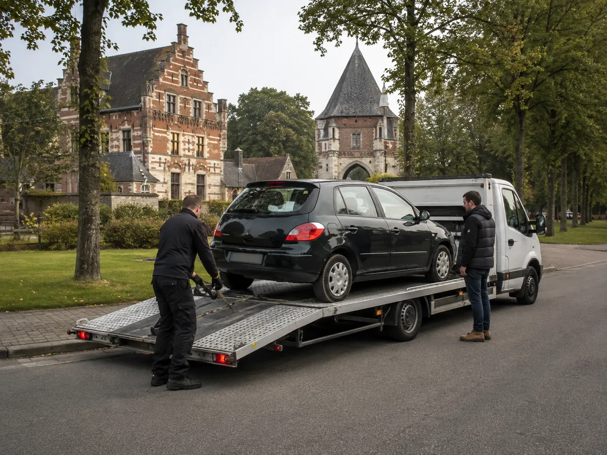 Auto wordt in Herentals op een oprijwagen geladen voor gratis ophaling, met de stad op de achtergrond